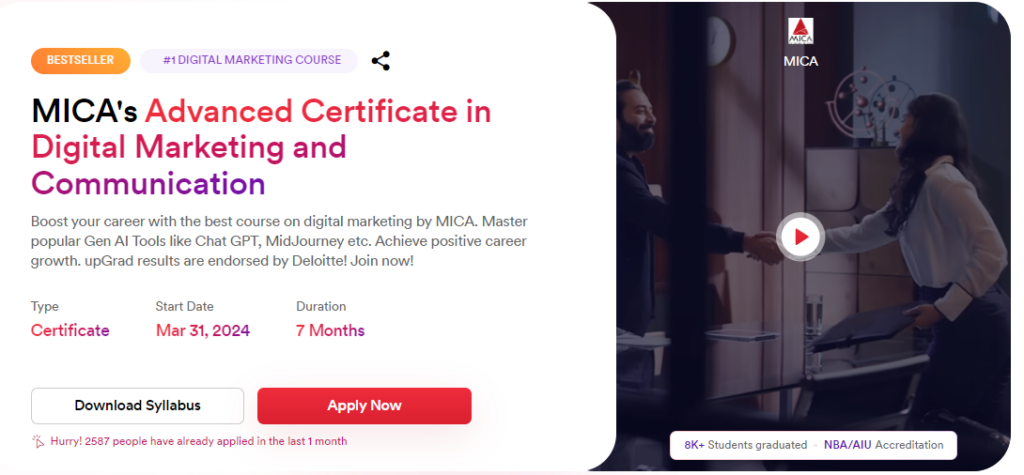 MICA advance certificate in digital marketing and communications